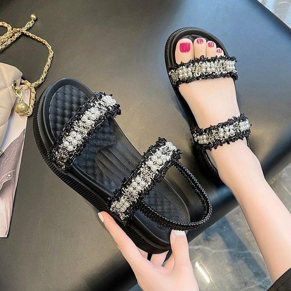 

sandals 2021 black pearl women shoes summer slip on thick sole korean comfy open toe leather beige platform sandal ladies