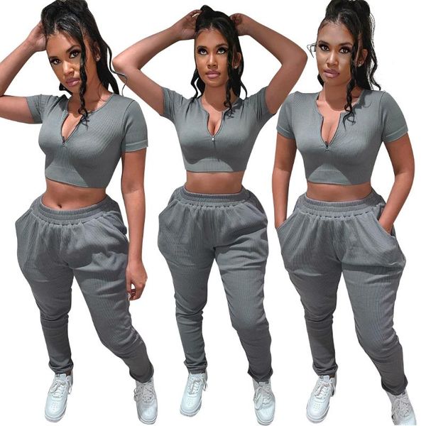 

women's two piece pants 2021 summer fashion dark gray casual sports short sleeve long womens suits two-piece set donsignet, White