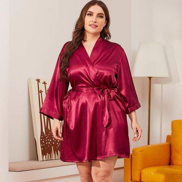 

plus size outerwear & coats silk nightgown women 2021 summer ice bathrobe lace v-neck long sleeve black ladies elegant homewear nightclothes