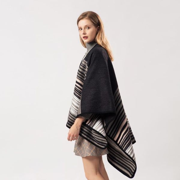 

scarves oversize cardigan fashion women cashmere scarf striped poncho cape thickening blanket cloak wrap travel shawl coat, Blue;gray