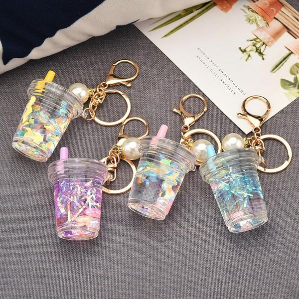 

keychains summer liquid floating sequins pearl keychain quicksand cup bottle key ring women men car bag acrylic chain, Silver