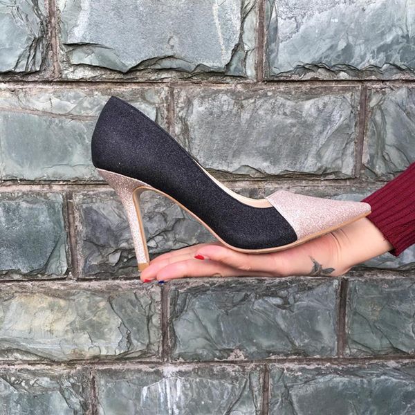 

jiabaisi shoes women pumps point toe super bling 4 types heel dazzling stiletto large size evening party basic dress, Black