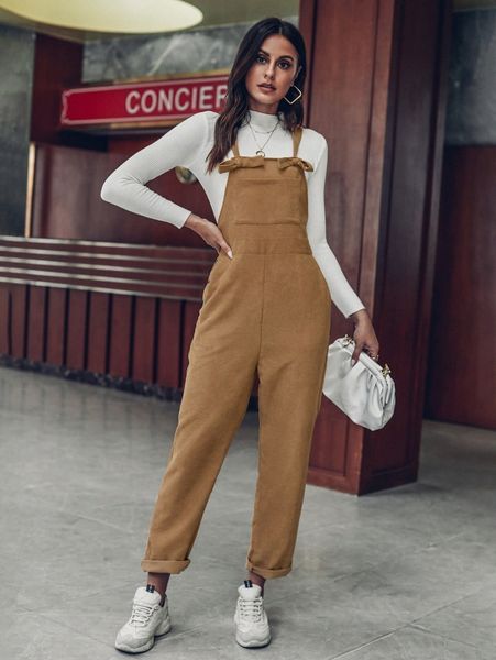 

tie front patched pocket corduroy jumpsuit without tee r67s#, White