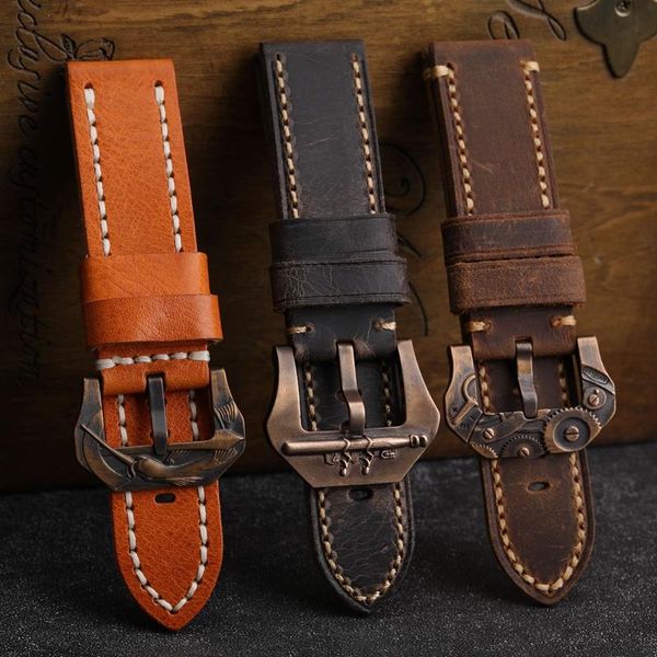 

watch bands hand-made first layer leather watchband suitable for pam111 441 dafei bronze strap 21 22 24 23 26mm men's italian, Black;brown