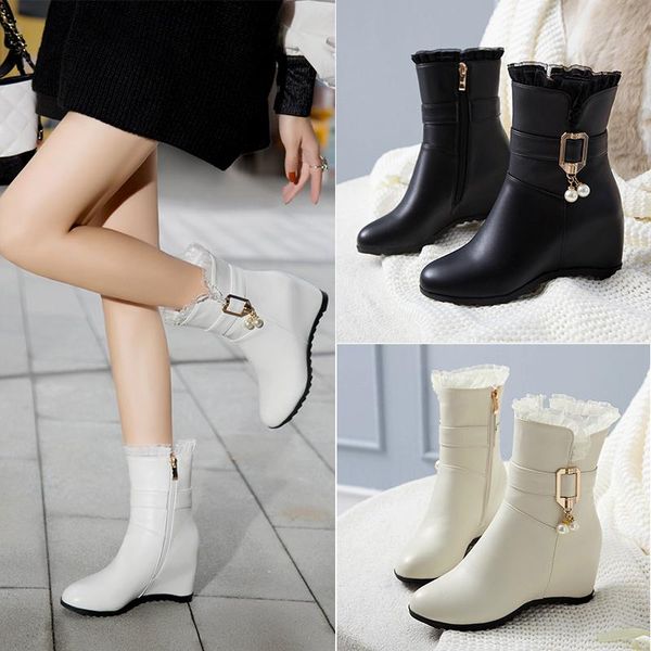 

boots women winter style college lady internal increase white short boot student round toe sweet, Black