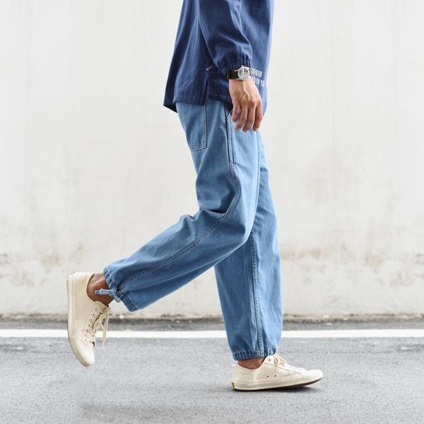 

men's jeans loose high waist jf08 drawstring cropped pants, Blue