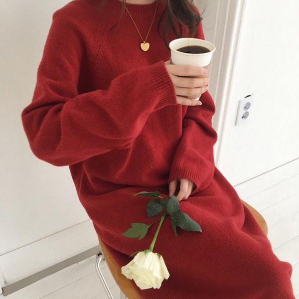 

casual dresses lanmrem korean elegant o-neck all-match red gray loose mid-calf simple long-sleeved thickened knitted for women 2a1010, Black;gray