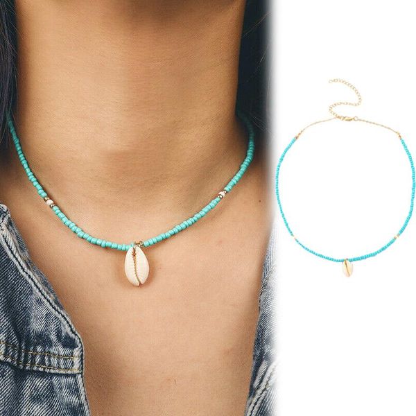 

pendant necklaces bohemian green beaded choker necklace seashell clavicle natural sea shell cowrie beads women beach jewelry, Silver