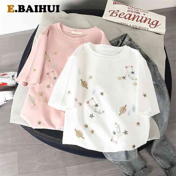 

plus size men summer lady casual embroidery cotton t-shirt harajuku streetwear short sleeve o-neck tees camisetas mujer 210522, White