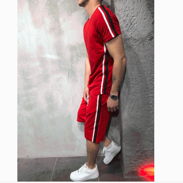 

jogging clothing 2021 men's sportswear shorts set short sleeve breathable t-shirt and casual wear tracksuit training suit tr068, Black;red