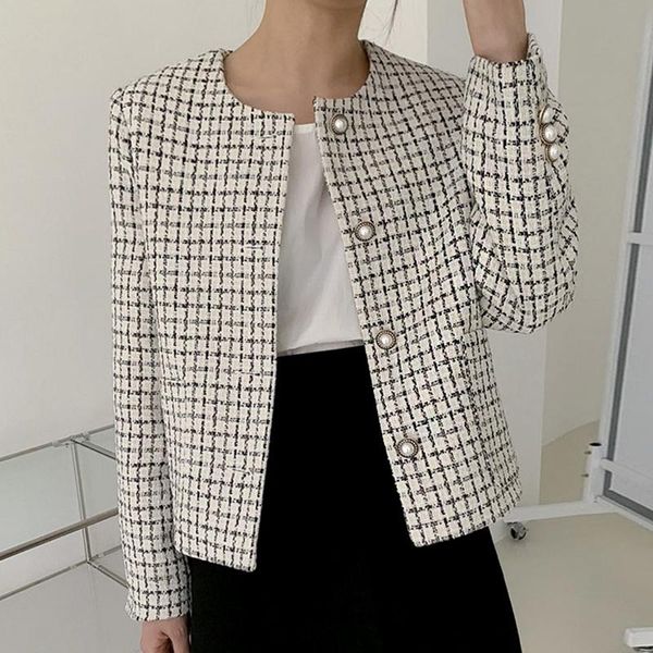 

women's jackets [ewq] korean chic temperament round neck color contrast check design pearl button long sleeve tweed suit coat women 202, Black;brown
