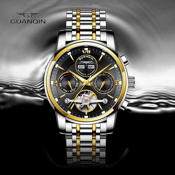 

wristwatches guanqin fashion sports automatic winding mechanical watch men's stainless steel tourbillon skeleton waterproof day display, Slivery;brown