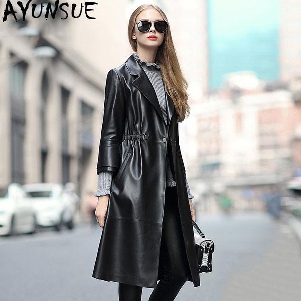 

women's leather & faux ayunsue genuine jacket women long 100% sheepskin coat slim real jackets windbreaker kurtki damskie f17bm17010, Black