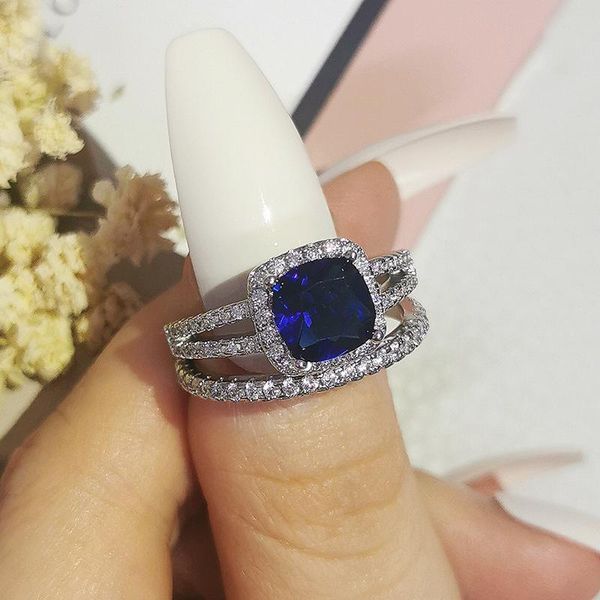 

cluster rings 925 sterling silver wedding set 3 in 1 band ring for women engagement bridal fashion jewelry finger moonso r4627-blue, Golden;silver