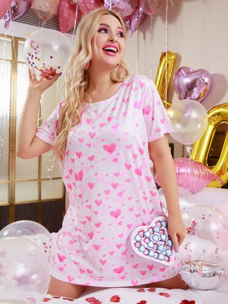 

plus allover heart print sleep dress b3mq#, Black;white