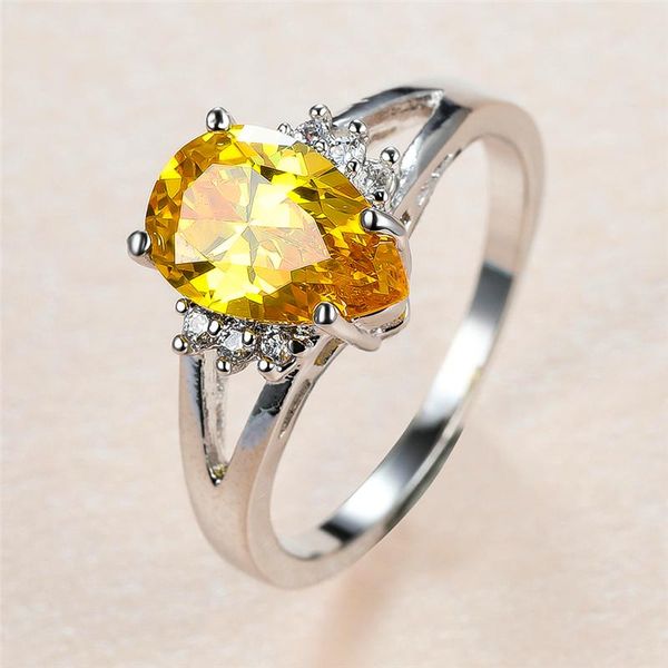 

yellow crystal zircon ring water drop stone rings for women wedding jewelry vintage fashion silver color dainty birthstone, Slivery;golden