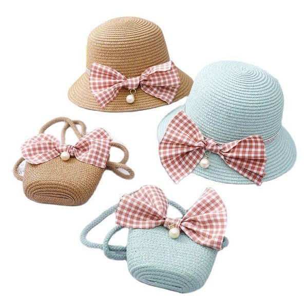 

caps & hats summer kids princess girl casual bow plaid straw hat and bags beach party cute sun panama, Yellow