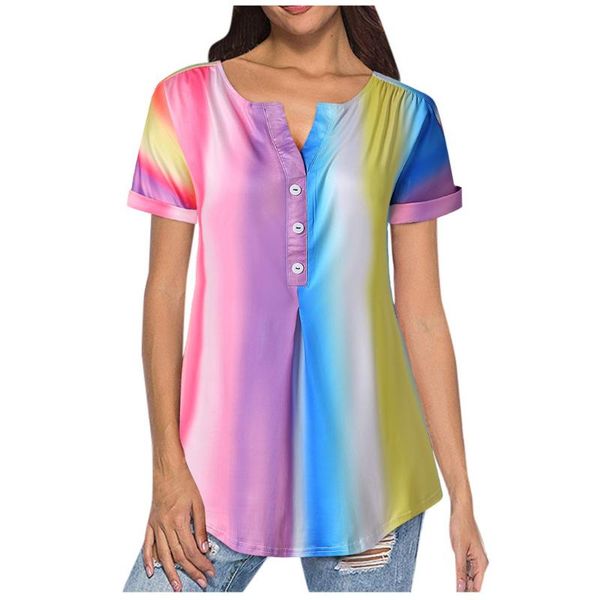 

women's blouses & shirts summer blouse women plus size tie-dyed v-neck short-sleeved loose button tunic shirt blusa, White