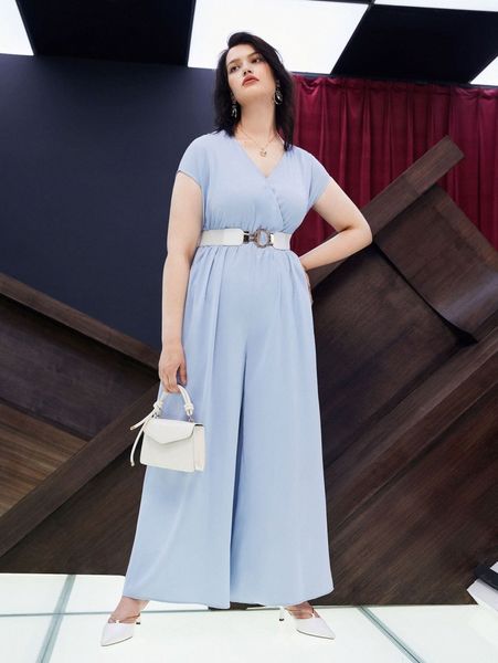 

plus v neck batwing sleeve wide leg jumpsuit without belt 43sv#, Black