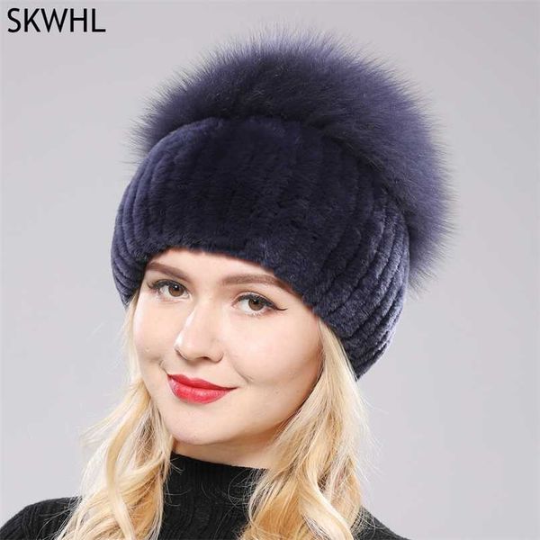 

russia winter luxury women real genuine fur beanies hat girls natural rex rabbit skullies cap knitted hats 211126, Blue;gray
