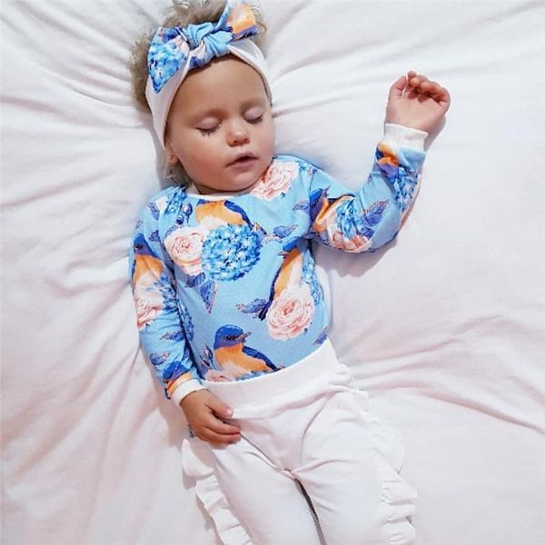 

clothing sets born baby girls 3-piece outfit set flower printed triangle romper+pants+headband for nborn infant clothes, White
