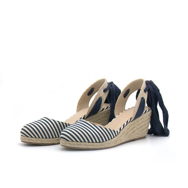 

teahoo summer ankle strap women wedge platform sandals stripe espadrilles shoes, Black