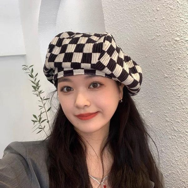 

beanies women black plaid vintage berets hat round dome temperament fashion tide all-match spring autumn 2021