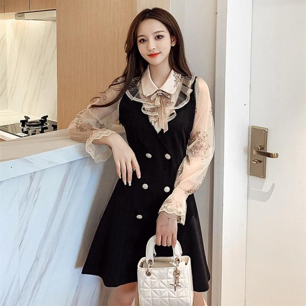 

casual dresses 2021 fashion women's flare sleeve sequined embroidered mesh stitching black ruffled doll collar dress autumn, Black;gray
