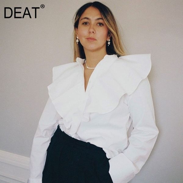 

women white ruffles irregular blouse stand collar long sleeve loose fit shirt fashion tide spring autumn 3d01669 210421