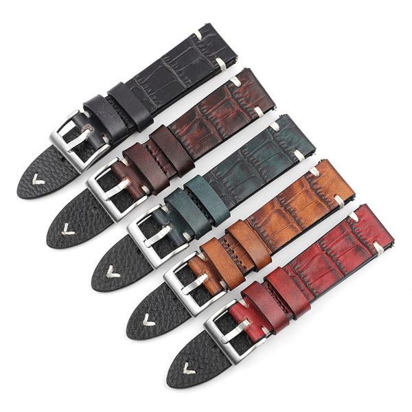 

watch bands genuine leather strap 18mm 20mm 22mm 24mm handmade stitching vintage alligator watchband replacement for men belts, Black;brown