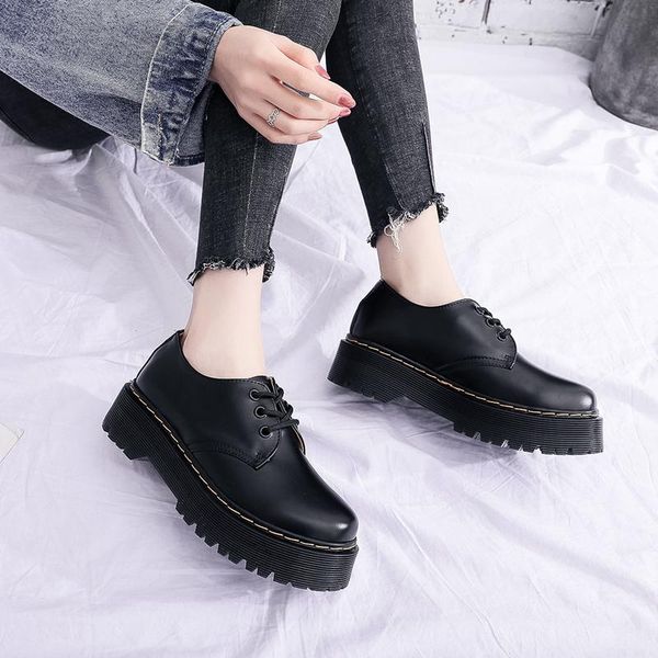 

dress shoes thick-soled women's 3 hole low-leather british round toe platform short boots casual, Black