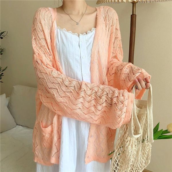 

women's knits & tees 2021 spring and summer thin knitwear loose outer wear lazy style women hollow knit cardigan jacket solid color coa, White