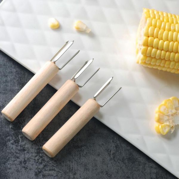 

forks 3pcs stainless steel bbq corn wooden handle grilling fork portable holder barbecue supplies (wooden and ste