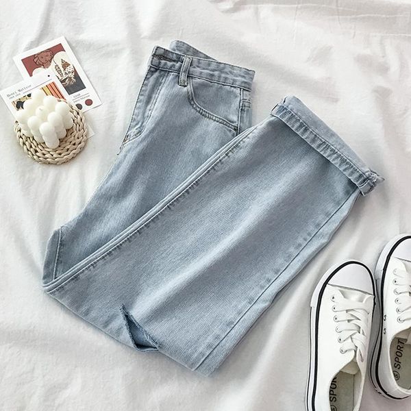 

women's jeans xuan ya ripped for 2021 summer thin high waist slimming and straight loose wide leg daddy pants women, Blue
