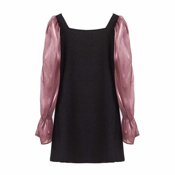 

perhaps u women vintage square collar puff long sleeve empire hit color mini dress d2413 210529, Black;gray