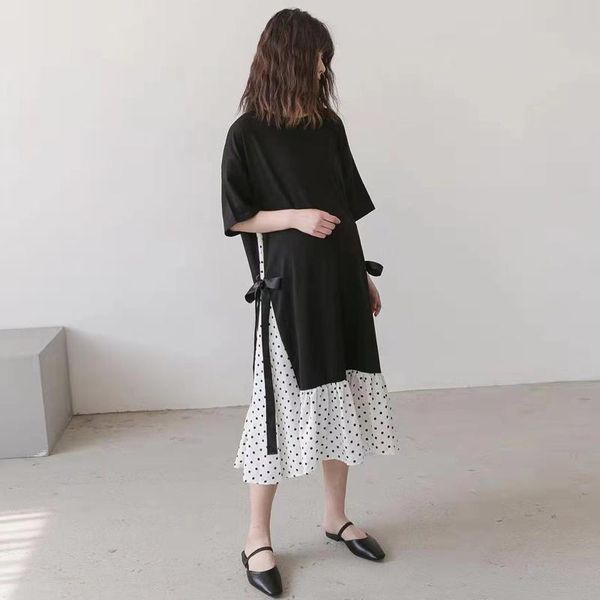 

summer pregnant women loose black cotton dress short sleeve split patchwork polka dot chiffon pregnancy dresses maternity, White