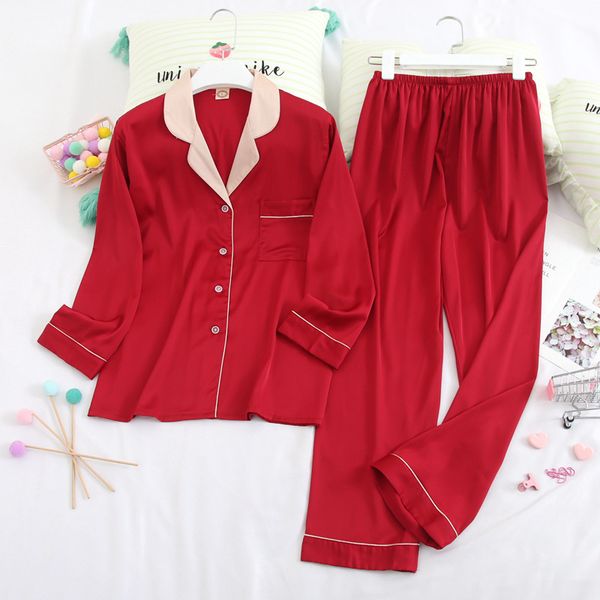 

long sleeve pants button sleepwear suit spring autumn rayon silk homewear nightwear pajamas pyjama set, Black;red