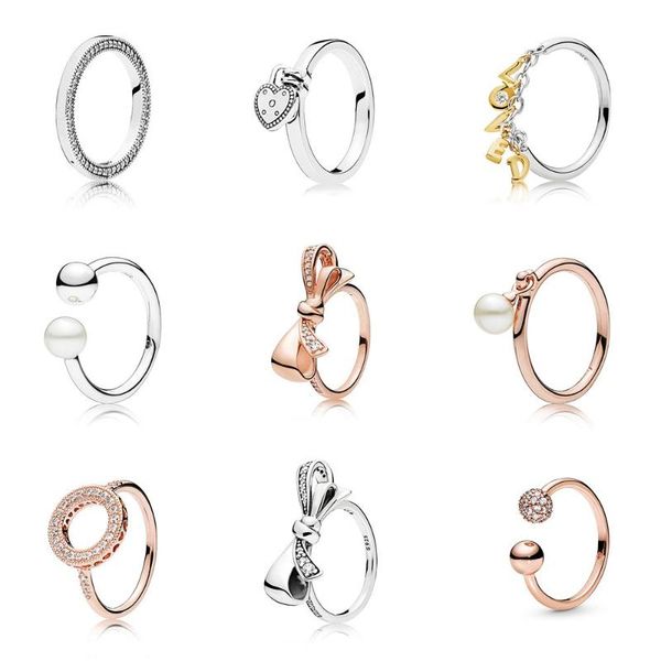 

cluster rings 100% 925 sterling silver color ring charms rose gold bow diy heart letter loved crystal finger party jewelry, Golden;silver