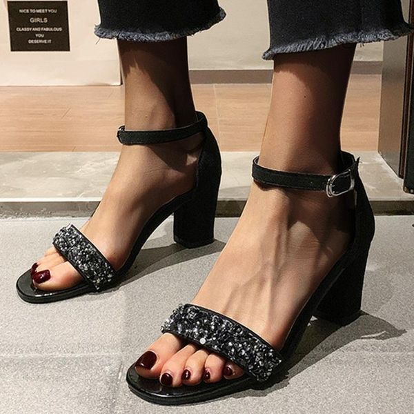 

sandals fashion wild women summer buckle ankle strap peep toe sequins high heel bag casual comfortable tm3n, Black