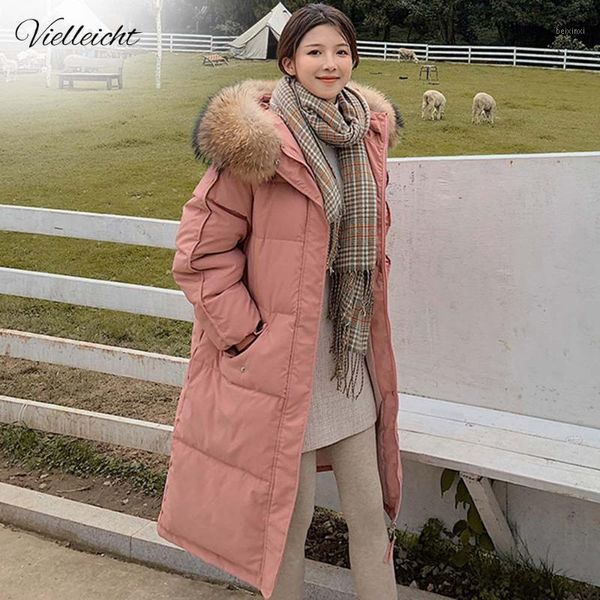 

women's down & parkas vielleicht 2021 long winter coat women hooded parka ladies warm jacket loose big fur collar, Black