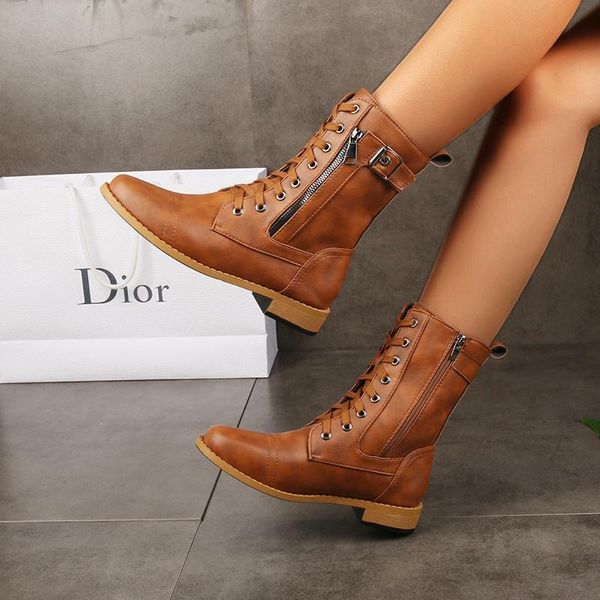 

boots 2021 plus size retro women western punk lace up buckle motorcycle zipper mid calf ladies short botas, Black