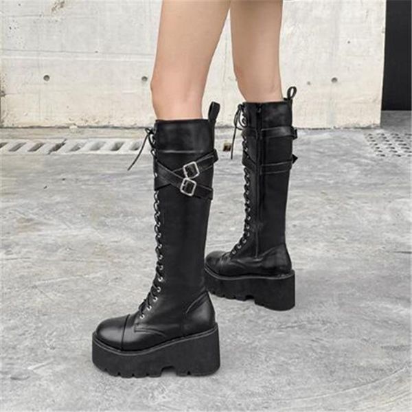 

2021 tied buckle vintage thick sole platform combat knee chunky punk 1, Black