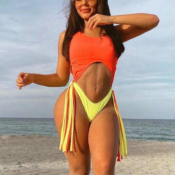 Fato de banho com perna alta, amarração lateral, sexy, recortes, neon, laranja, amarelo, maiôs Brasil Monokini Bodysuits femininos XL 210520