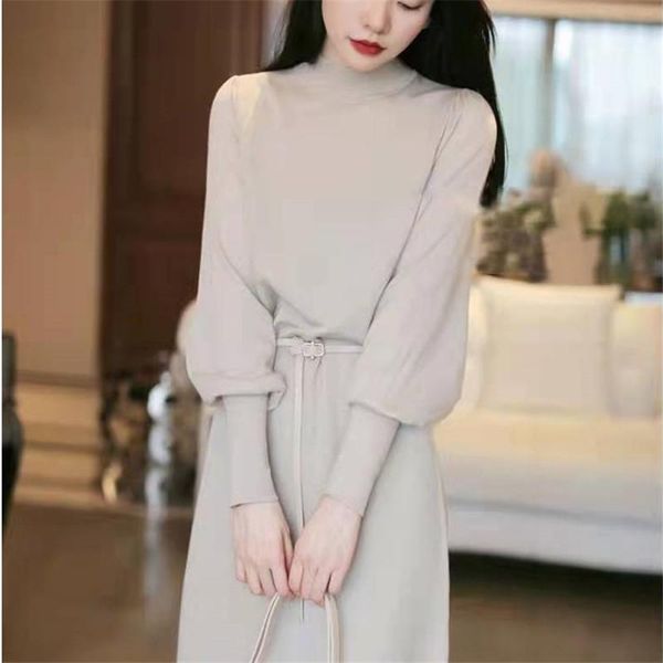 

casual dresses cbafu vintage chic knitted midi dress women sweater autumn winter lantern sleeve solid turtleneck belt pullover n, Black;gray