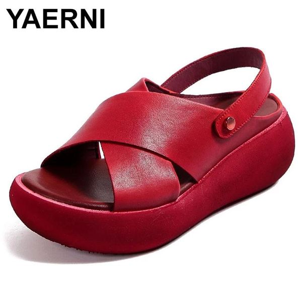 

sandals yaerni fashion handmade women 2021 summer shoes genuine leather wedges peep toe casual platform, Black