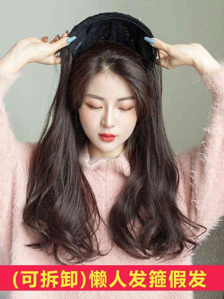 

u-shaped detachable hairband wig female half big wave temperament natural long curly hair full head cover, Black;brown