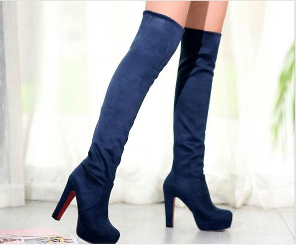 

boots women's autumn winter women shoes high heel flock over-the-knee round toe platform slip-on lady long larg, Black