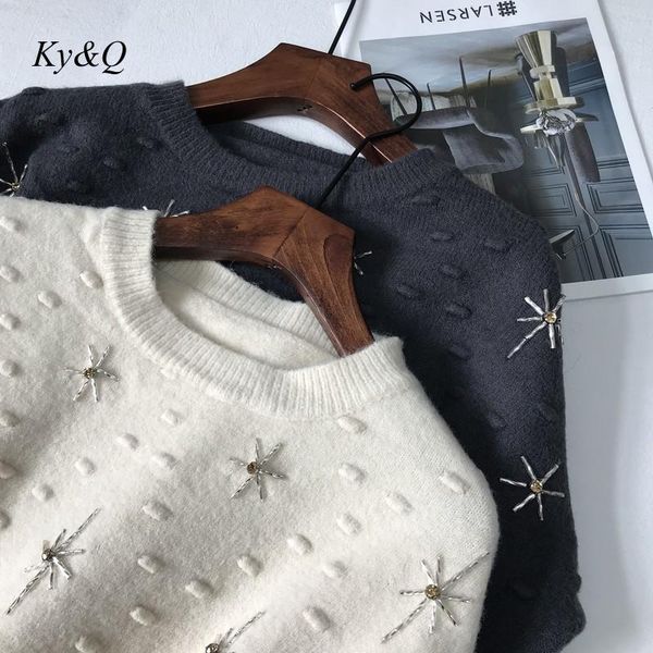 

autumn winter fashion beading sweaters soft wool women temperament long sleeve o-neck casual knitted pullovers women's, White;black