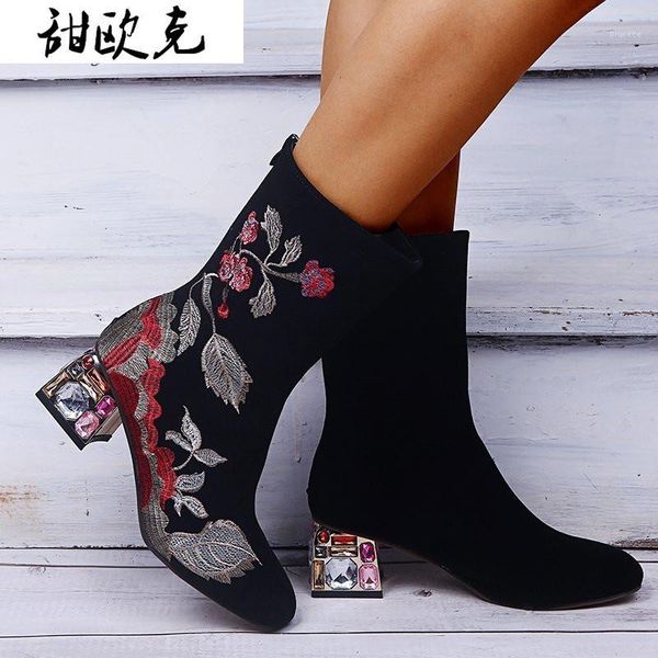 

boots 2021 winter women's fashion zipper mid-heel mid-calf pointed square heel thick embroidered zapatos mujer1, Black