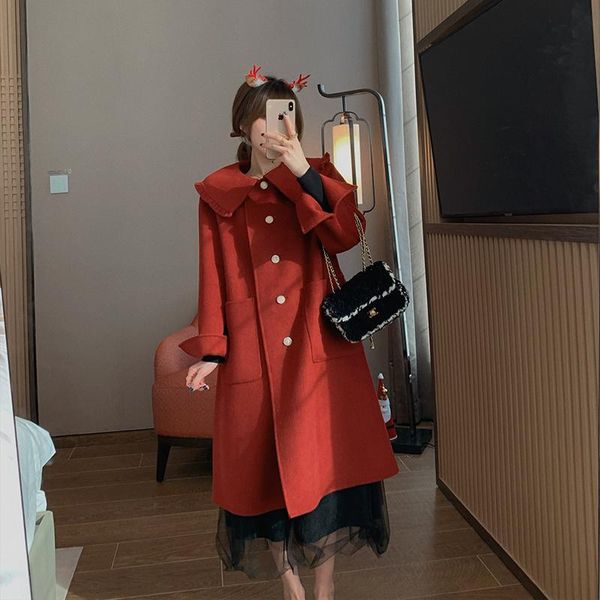 

women's wool & blends winter red double-sided cashmere woolen coat women single-breasted pink mid-length manteau femme hiver, Black